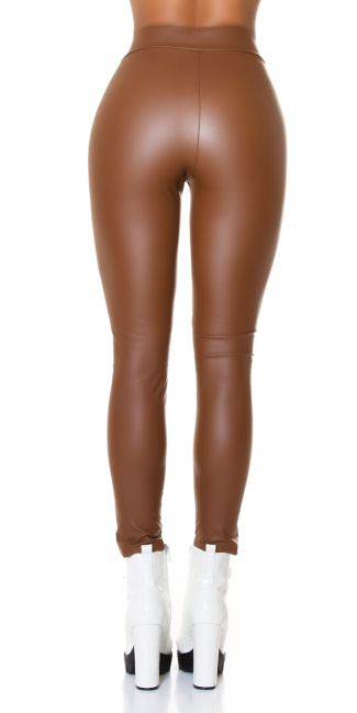 faux leather high waist leggings with zips Brown